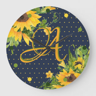 Monogrammed Sunflowers Navy Blue Yellow Modern Large Clock