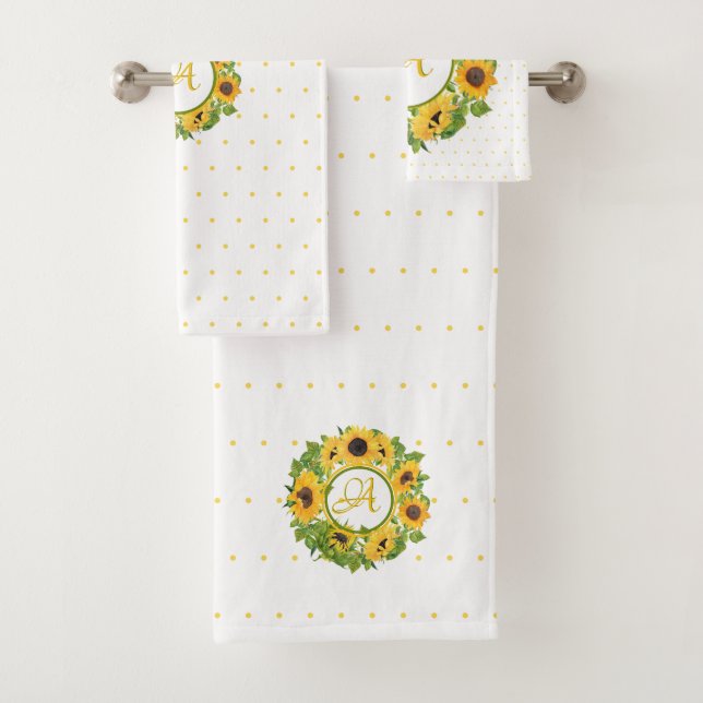 Monogrammed Sunflowers Polkadots Yellow White Bath Towel Set (Insitu)