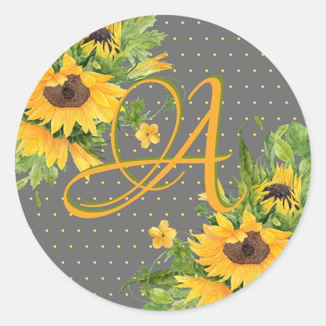 Monogrammed Sunflowers Yellow Grey Decor Classic Round Sticker (Front)