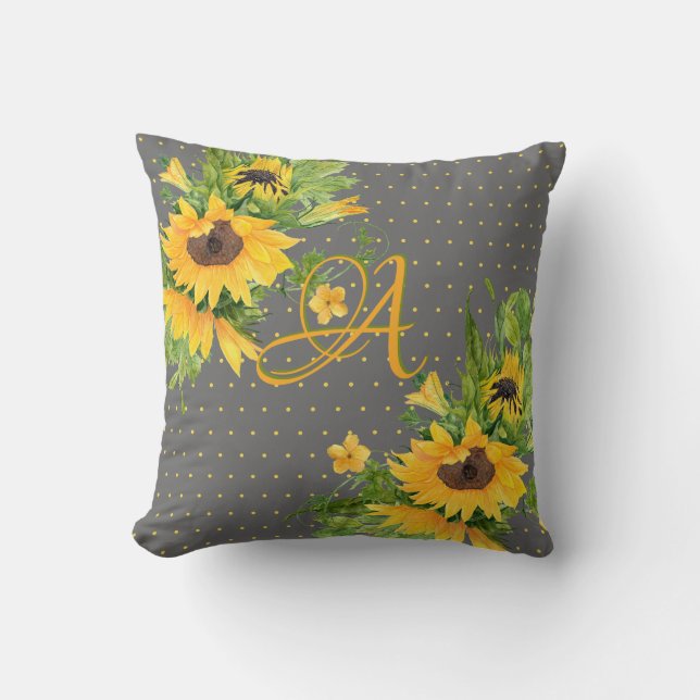 Monogrammed Sunflowers Yellow Grey Decor Cushion (Front)