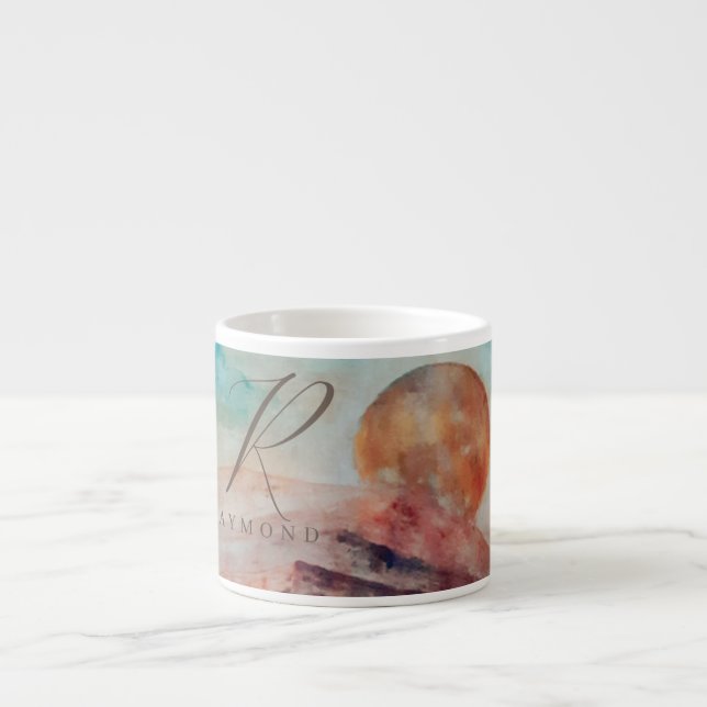 Monogrammed Sunny Clouds and Desert Landscape Espresso Cup (Front)