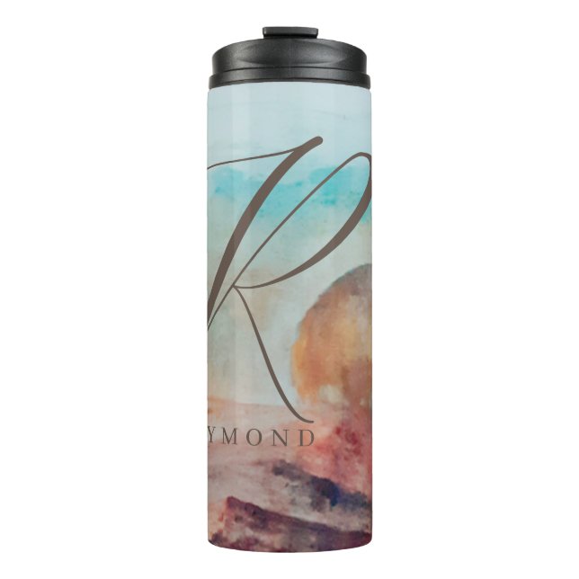 Monogrammed Sunny Clouds and Desert Landscape Thermal Tumbler (Front)