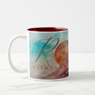 Monogrammed Sunny Clouds and Desert Landscape Two-Tone Coffee Mug