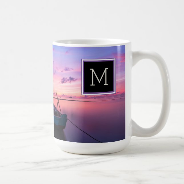 Monogrammed Sunset Boat on the Water Coffee Mug (Right)