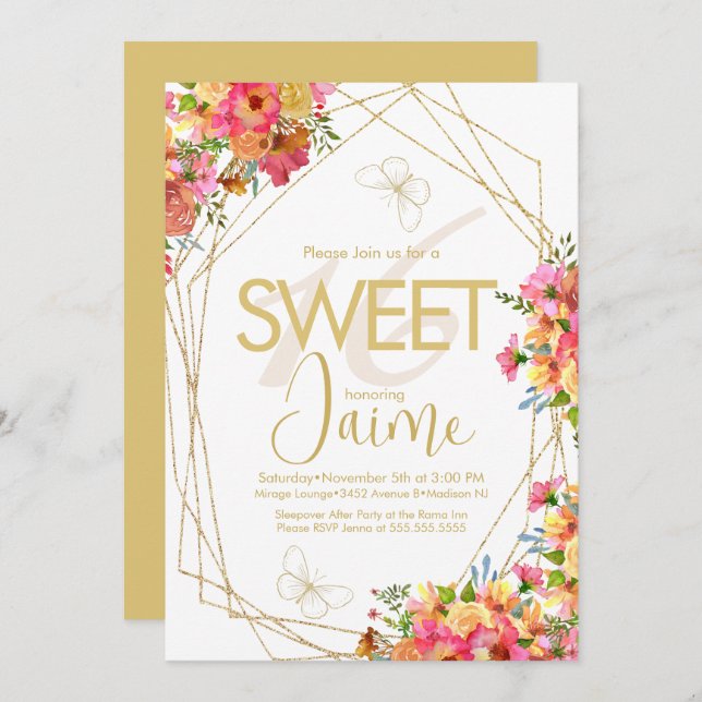 Monogrammed Sweet 16  Florals Garden Butterflies Invitation (Front/Back)