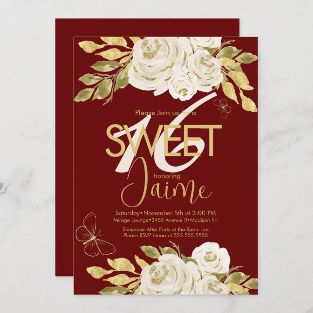 Monogrammed Sweet 16 Ivory Rose Pink Florals Wine Invitation (Front/Back)