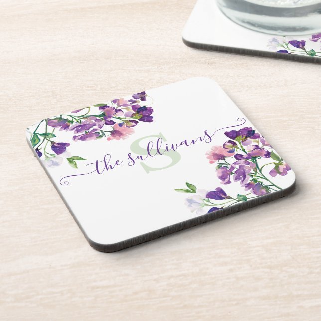 Monogrammed Sweet Pea Hard plastic coaster (Left Side)
