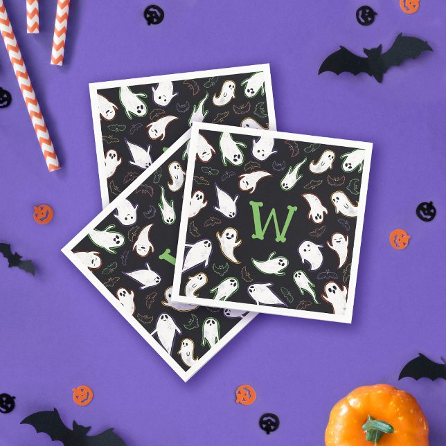 Monogrammed Swooping Ghosts & Bats Halloween Party Napkin (Creator Uploaded)