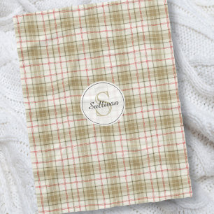 Monogrammed Tan and Red Plaid Rustic Pattern Cosy Fleece Blanket