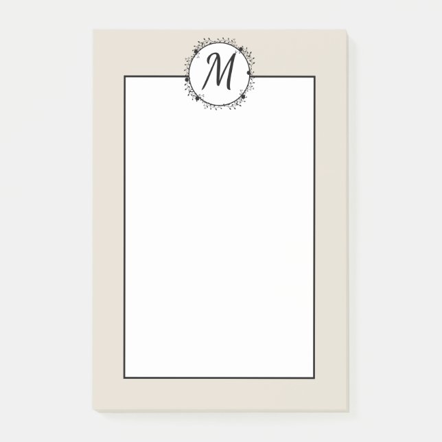 Monogrammed tan, white with black wreath post-it notes (Front)