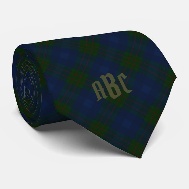 Monogrammed Tartan Blue & Green Plaid Tie (Rolled)