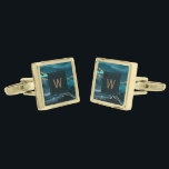 Monogrammed Teal Agate Gold Square Gold Finish Cufflinks<br><div class="desc">These elegant cufflinks feature a teal watercolor agate geode design with gold faux glitter highlights. Personalise them with his monogram initial in gold-coloured text on a dark teal square.They coordinate with our teal and gold agate wedding suite. Also available in round shape. They make great gifts for your groomsmen!</div>