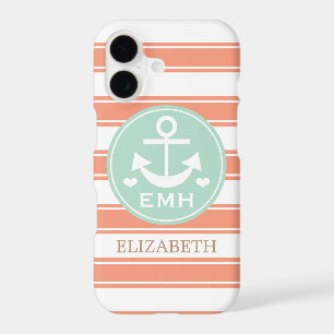 MONOGRAMMED TEAL AND CORAL ANCHOR
