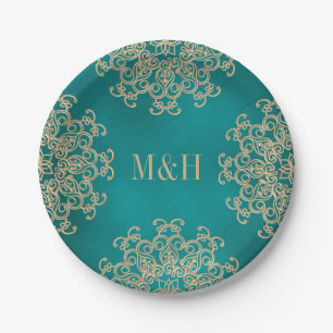 Monogrammed Teal and Gold Indian Style Wedding Paper Plate