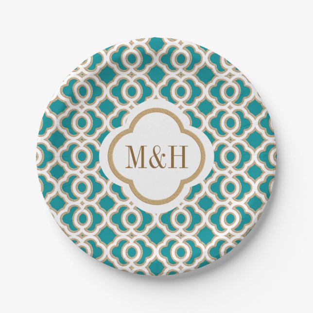 Monogrammed Teal and Gold Moroccan Wedding Paper Plate (Front)