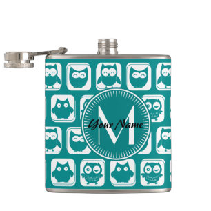 Monogrammed Teal and White Owls Hip Flask