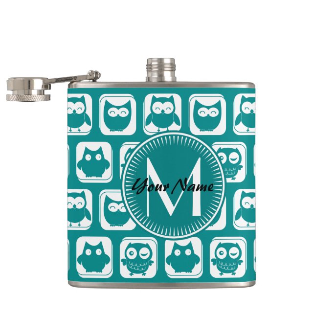 Monogrammed Teal and White Owls Hip Flask (Opened)