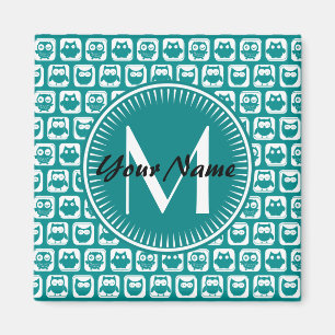 Monogrammed Teal and White Owls Magnet