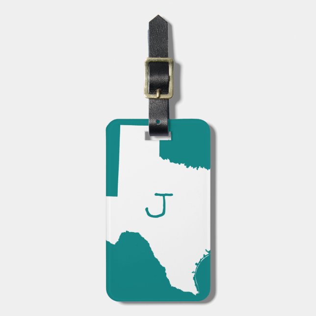 Monogrammed Teal and White Texas Luggage Tag (Front Vertical)