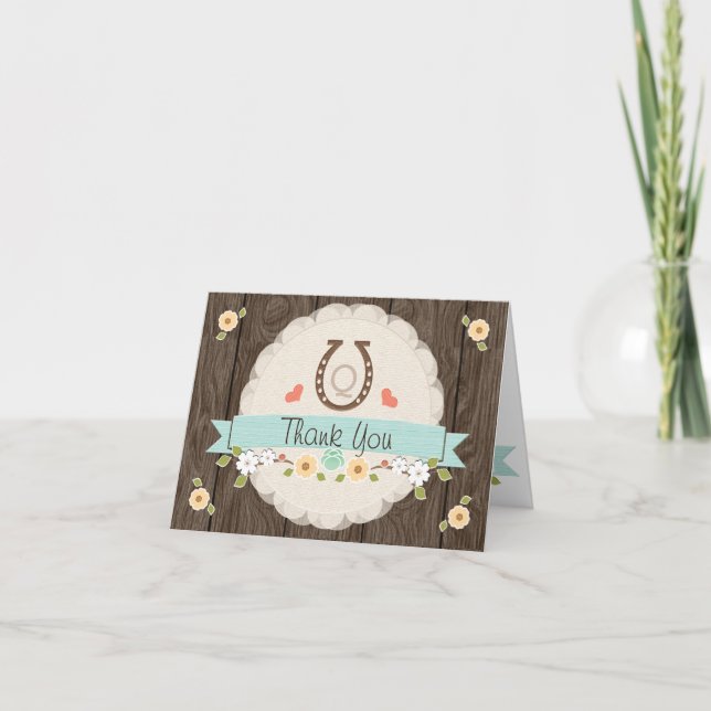 Monogrammed Teal Aqua Horseshoe Western Thank You Card (Front)