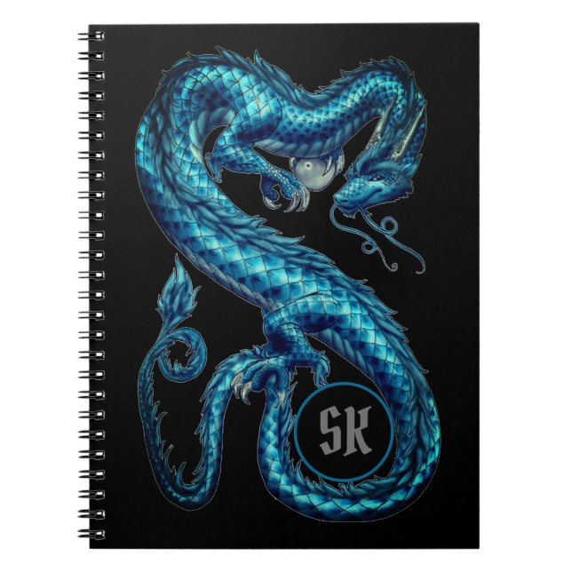 Monogrammed Teal Asian Dragon Notebook (Front)