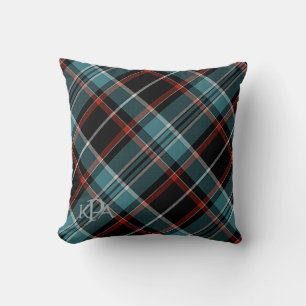 Monogrammed Teal, Black & Red Plaid Cushion