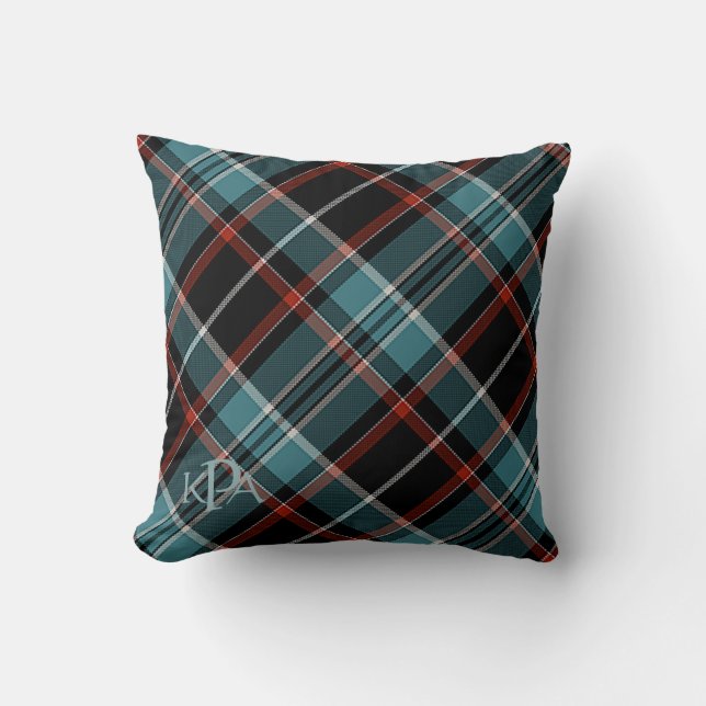 Monogrammed Teal, Black & Red Plaid Cushion (Front)