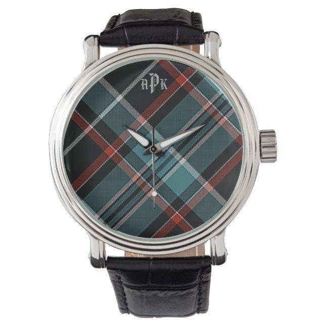 Monogrammed Teal, Black & Red Plaid Watch (Front)