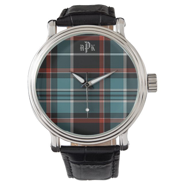 Monogrammed Teal, Black & Red Plaid Watch (Front)