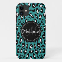 Monogrammed Teal Black White Leopard Pattern