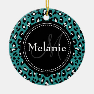 Monogrammed Teal Black White Leopard Pattern Ceramic Ornament