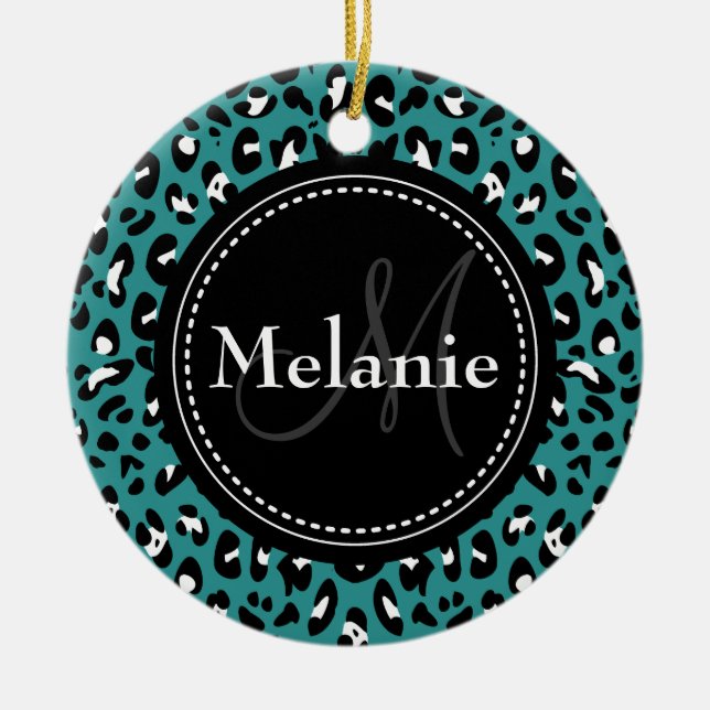 Monogrammed Teal Black White Leopard Pattern Ceramic Ornament (Front)