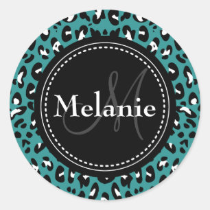Monogrammed Teal Black White Leopard Pattern Classic Round Sticker