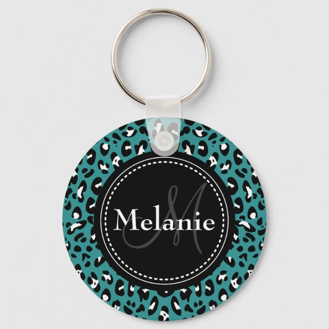 Monogrammed Teal Black White Leopard Pattern Key Ring (Front)