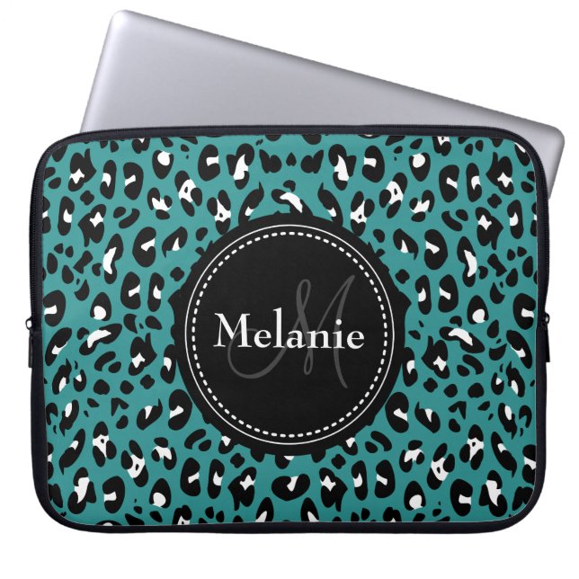 Monogrammed Teal Black White Leopard Pattern Laptop Sleeve (Front)