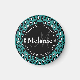 Monogrammed Teal Black White Leopard Pattern Magnet