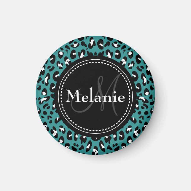 Monogrammed Teal Black White Leopard Pattern Magnet (Front)