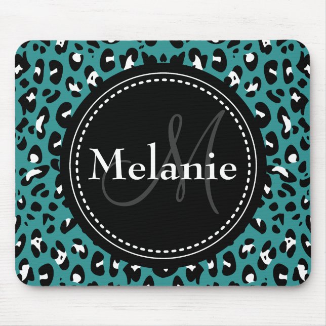 Monogrammed Teal Black White Leopard Pattern Mouse Pad (Front)