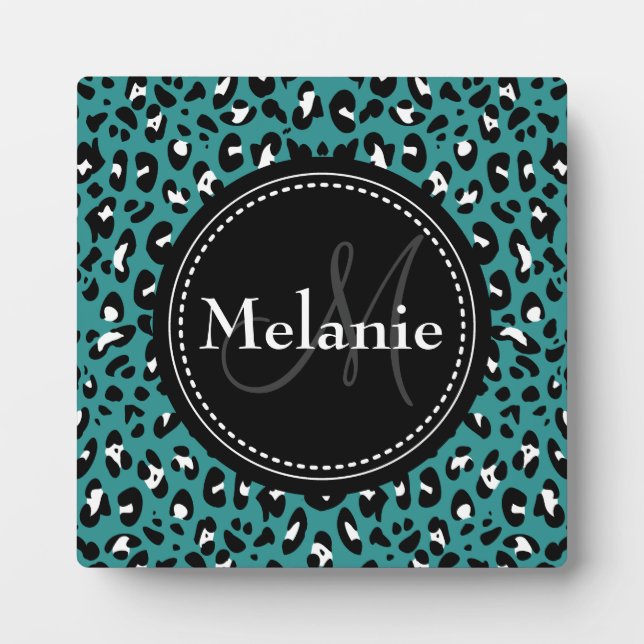 Monogrammed Teal Black White Leopard Pattern Plaque (Front)