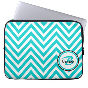 MONOGRAMMED TEAL BLUE CHEVRON PATTERN LAPTOP SLEEVE