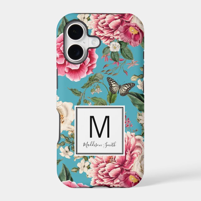 Monogrammed Teal Blue Floral Pattern (Back)