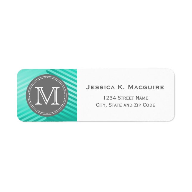 Monogrammed Teal Blue Grey Chevron Return Address Label (Front)