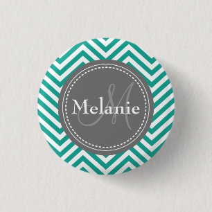 Monogrammed Teal Blue & Grey Zigzag 3 Cm Round Badge