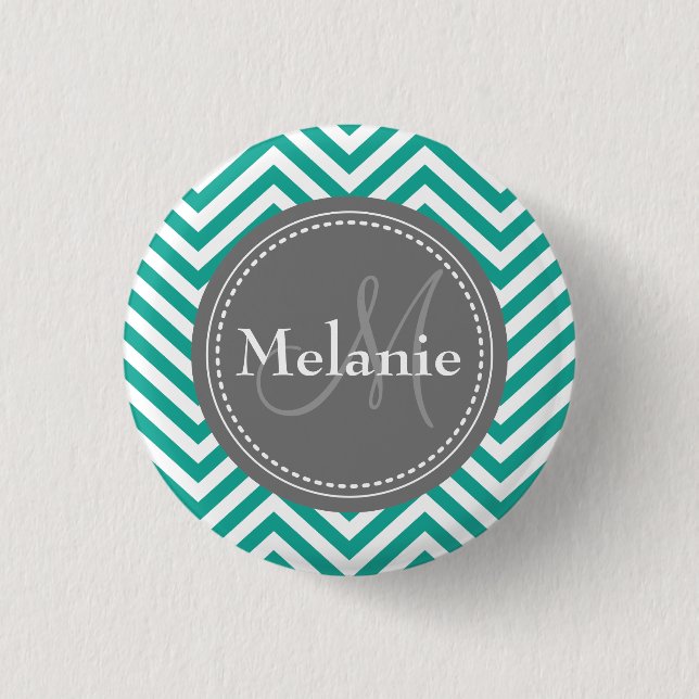 Monogrammed Teal Blue & Grey Zigzag 3 Cm Round Badge (Front)