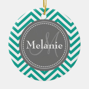 Monogrammed Teal Blue & Grey Zigzag Ceramic Ornament