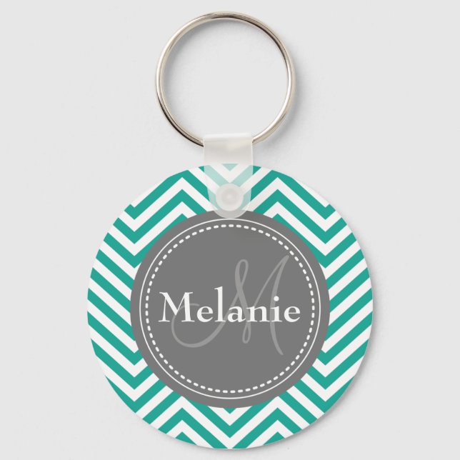Monogrammed Teal Blue & Grey Zigzag Key Ring (Front)