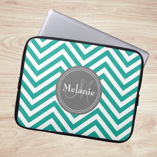 Monogrammed Teal Blue & Grey Zigzag Laptop Sleeve (Creator Uploaded)