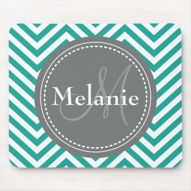 Monogrammed Teal Blue & Grey Zigzag Mouse Pad (Front)