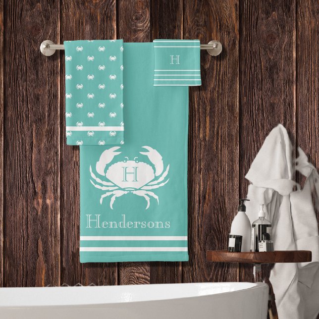 Monogrammed Teal Blue White Crab Nautical  Bath Towel Set (Creator Uploaded)