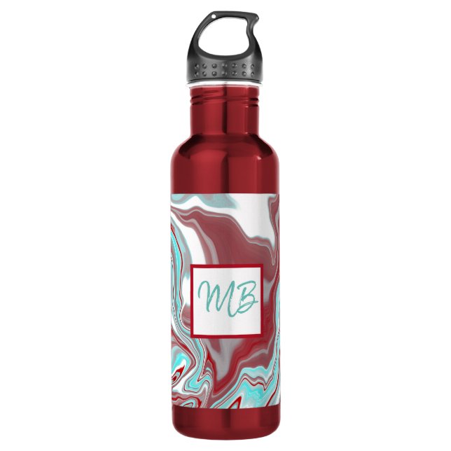 Monogrammed Teal, Burgundy, Red and White Marble   710 Ml Water Bottle (Front)